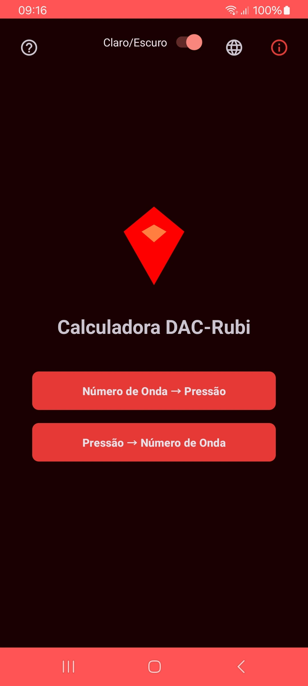 Tela principal no modo escuro