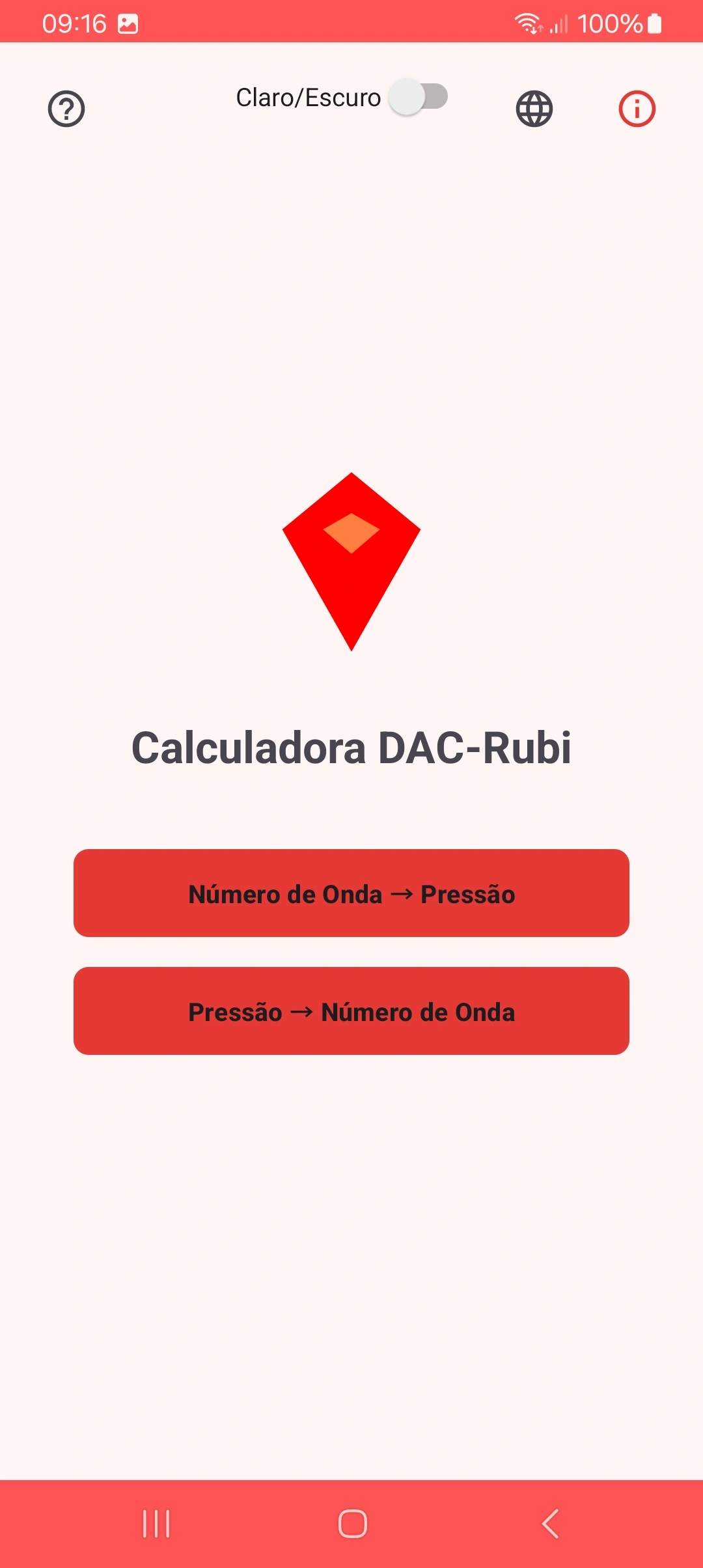 Tela principal no modo claro mostrando ambos os modos de conversão