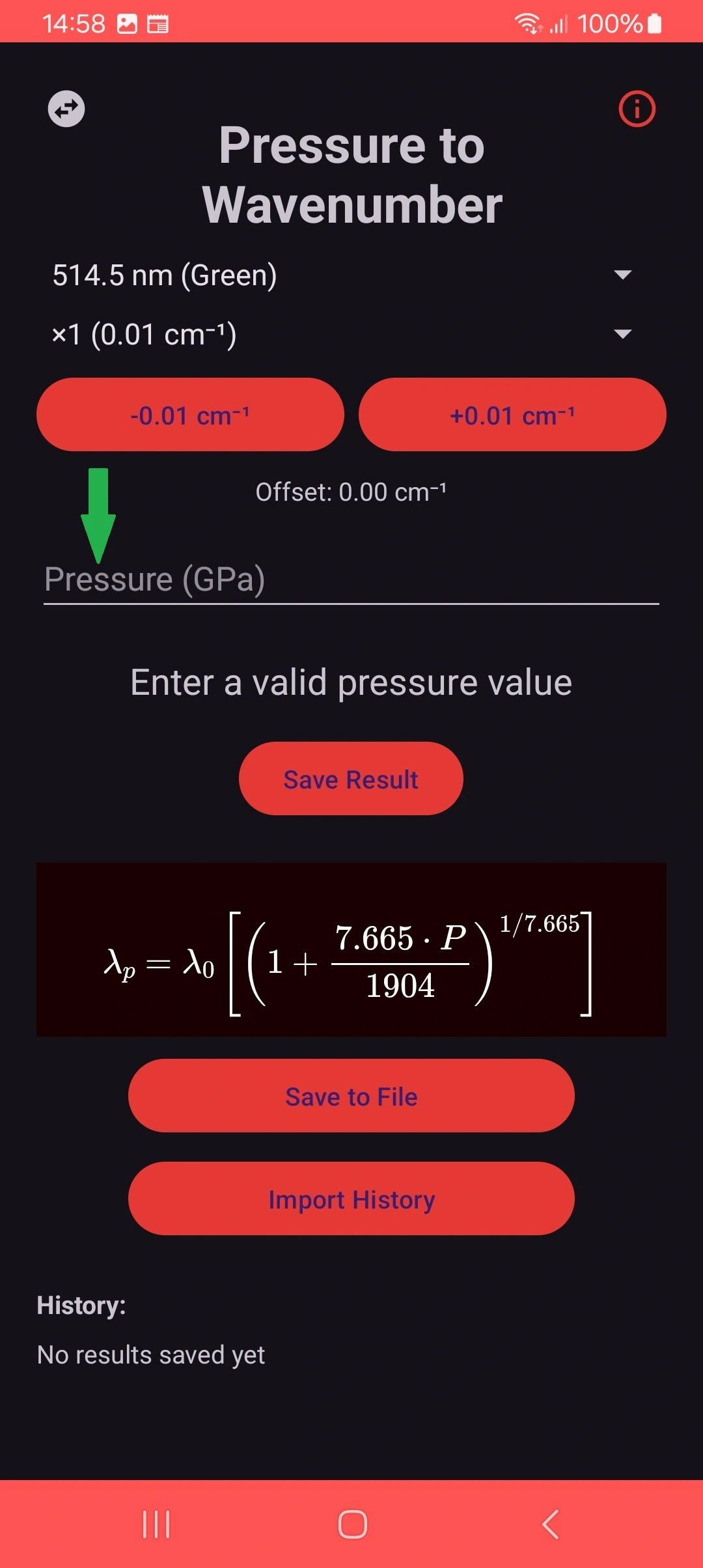Pressure input field in dark mode