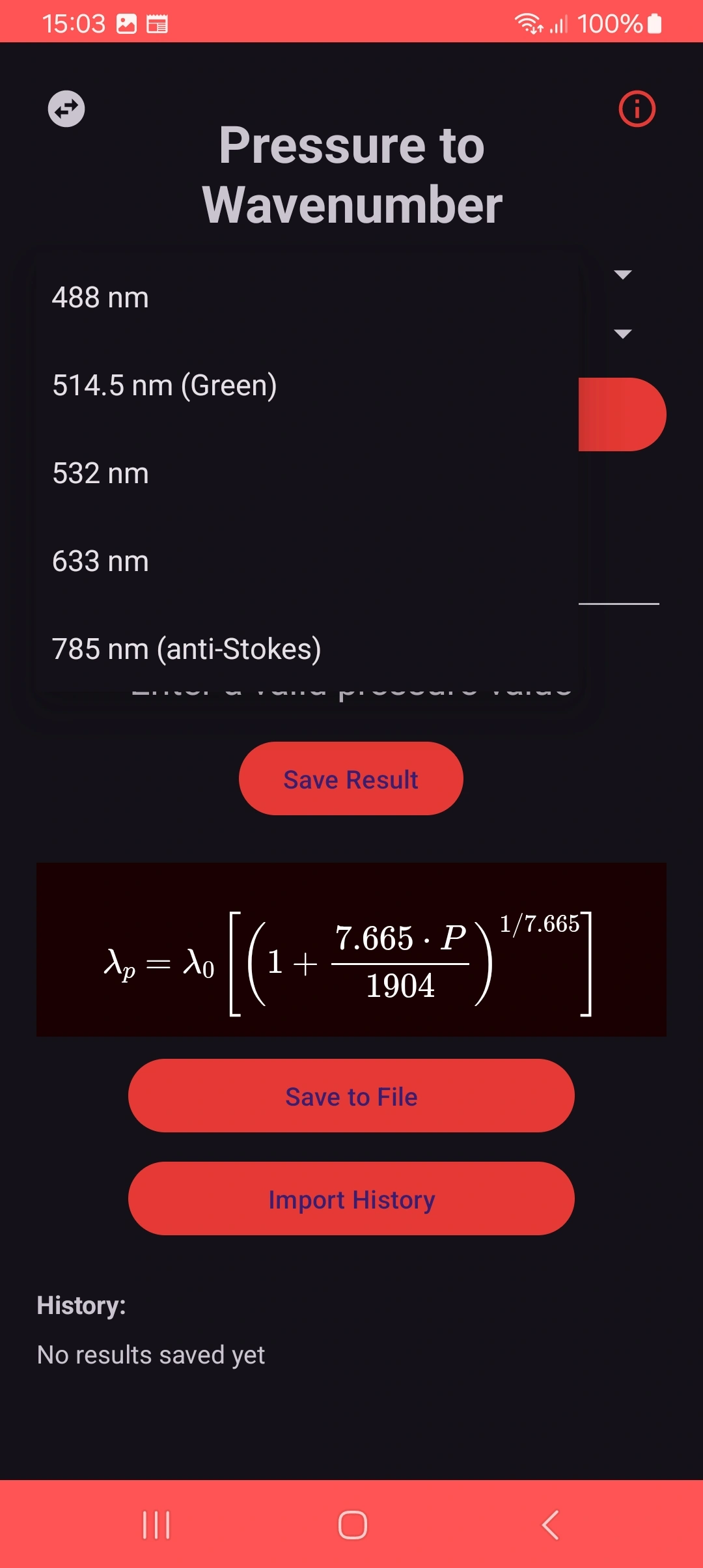 Excitation laser selection menu in dark mode