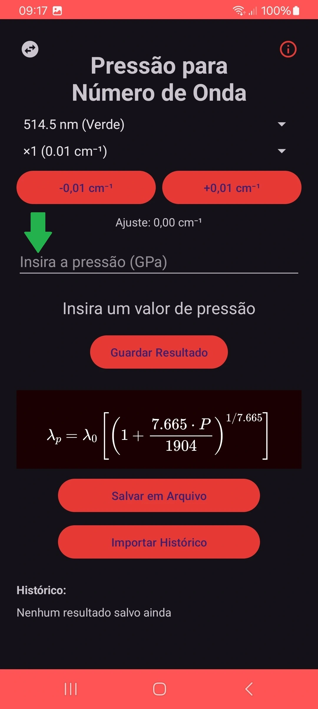 Campo para inserção da pressão no modo escuro