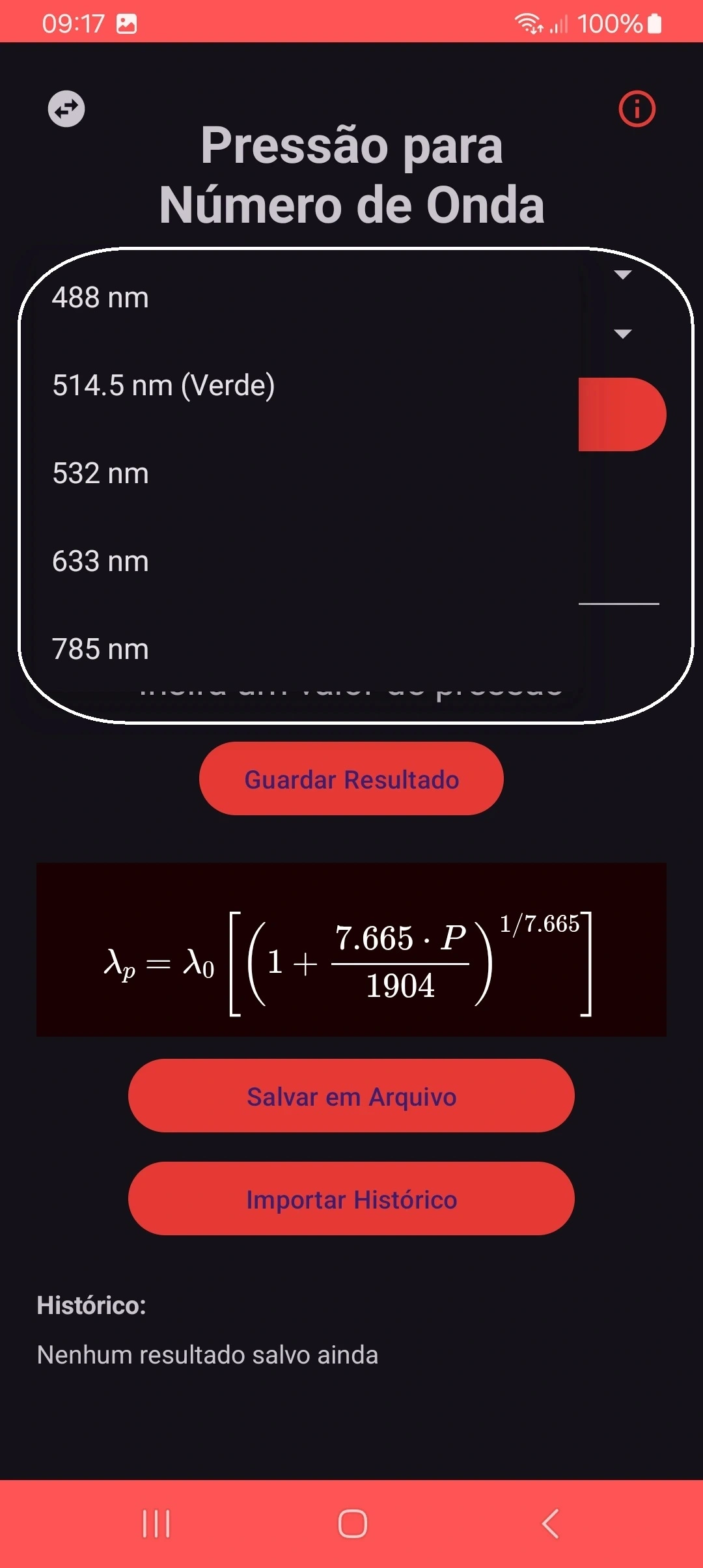 Menu de seleção do laser de excitação no modo escuro