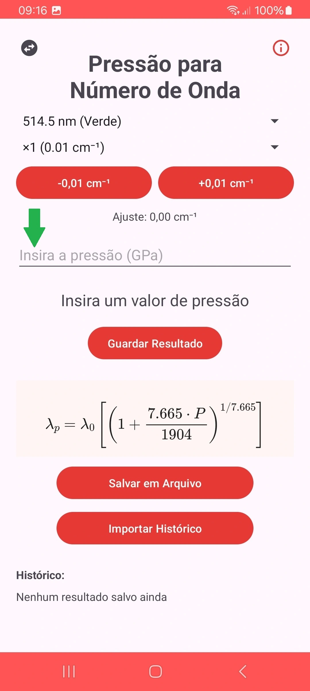 Campo para inserção da pressão no modo claro