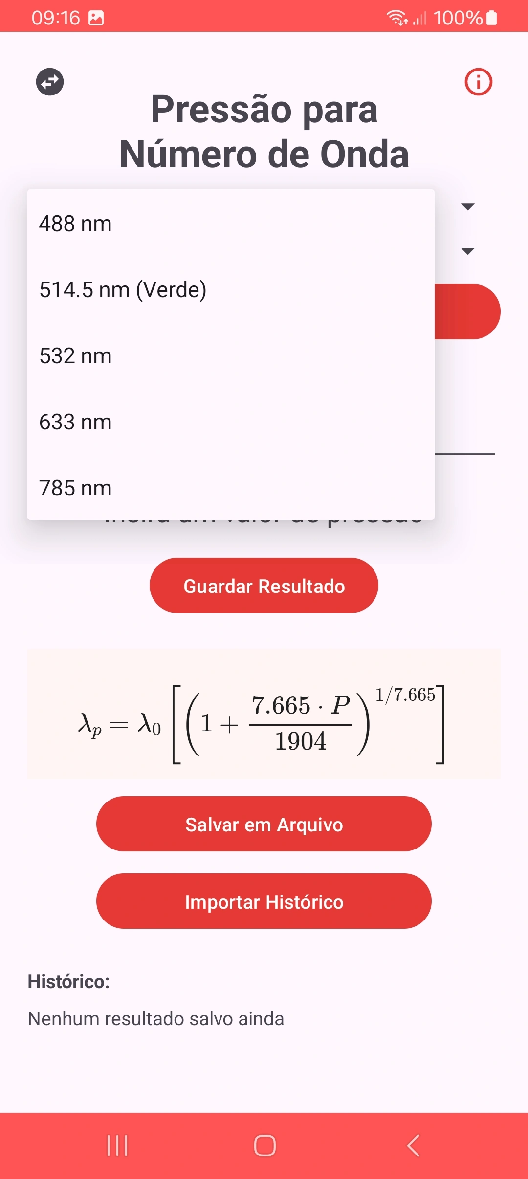 Menu de seleção do laser de excitação no modo claro