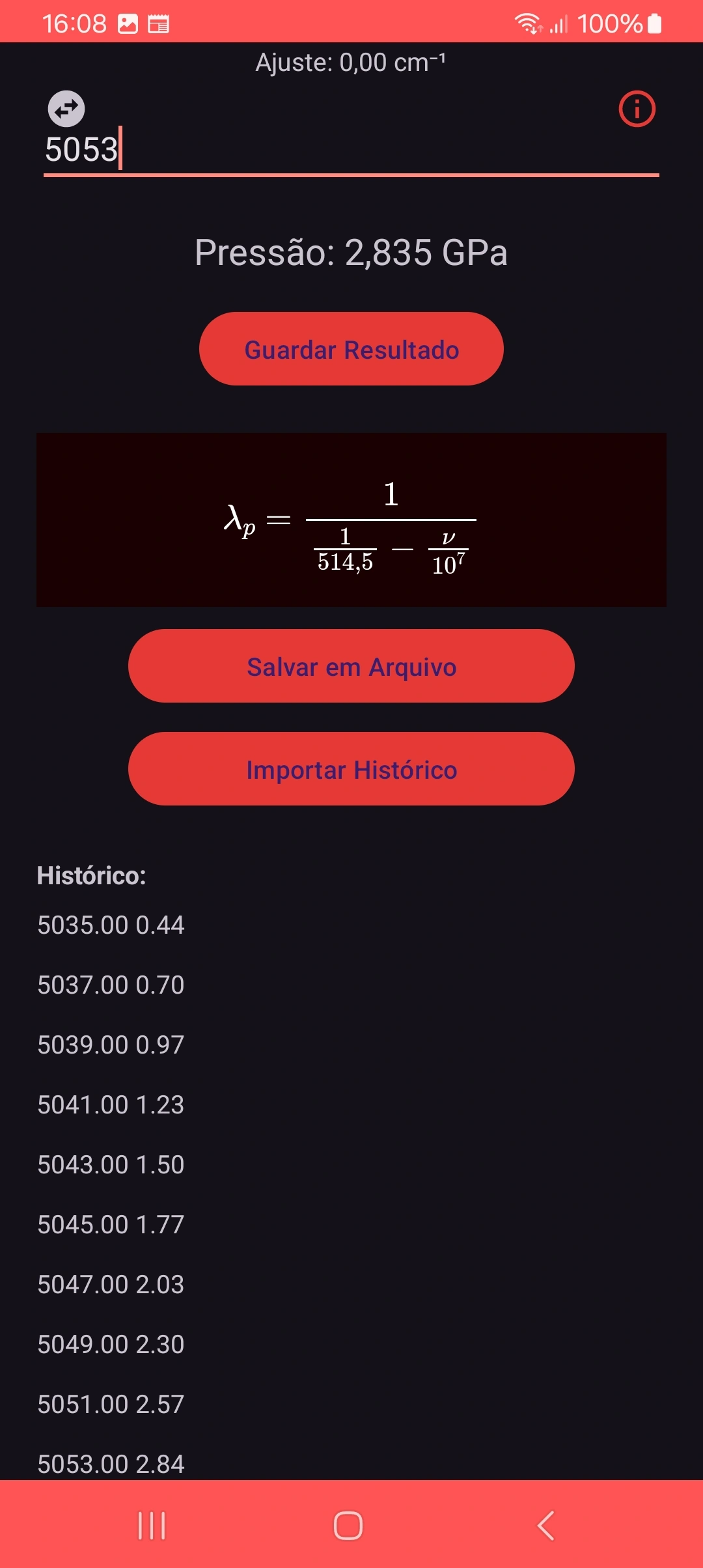Histórico de cálculos no modo escuro